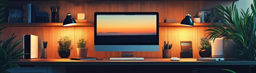 Modern workspace featuring a sleek computer, warm lighting, and vibrant plants, perfect for productivity and creativity.
