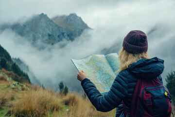 Naklejka premium Exploring the mountains with a map in hand, searching for adventure beneath the foggy peaks