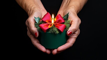 Warmth and Hope: A pair of hands gently cradles a festive Christmas candle, adorned with a vibrant red bow and sprigs of holly, radiating a comforting glow of warmth and holiday cheer. 