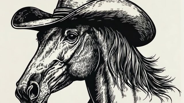 A black and white illustration of a horse wearing a cowboy hat