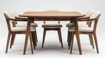 Elegant wooden dining table with stylish chairs, perfect for modern interiors and family gatherings.