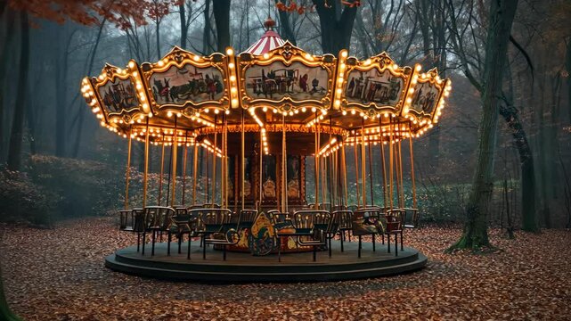 A carousel sits in a forest, illuminated by its lights, with fallen leaves surrounding it