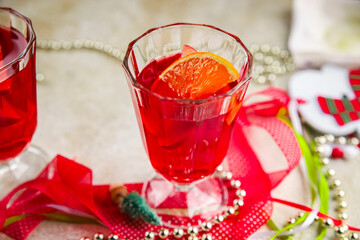 Christmas Mulled wine party drink Christmas treat fresh gourmet food background on the table rustic copy space top view