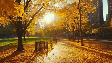 Fototapeta premium Golden autumn leaves blanketing a city park on a sunny day.