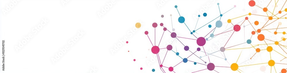 Poster banner background of a network connection with colored dots and lines on a white, minimalistic style