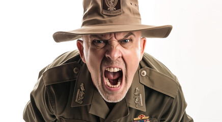 Army drill sergeant or general with screaming angry face expression, funny closeup wide angle studio photo. Generative AI
