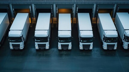 Fleet of delivery trucks lined up at a distribution center, emphasizing the transportation network of logistics