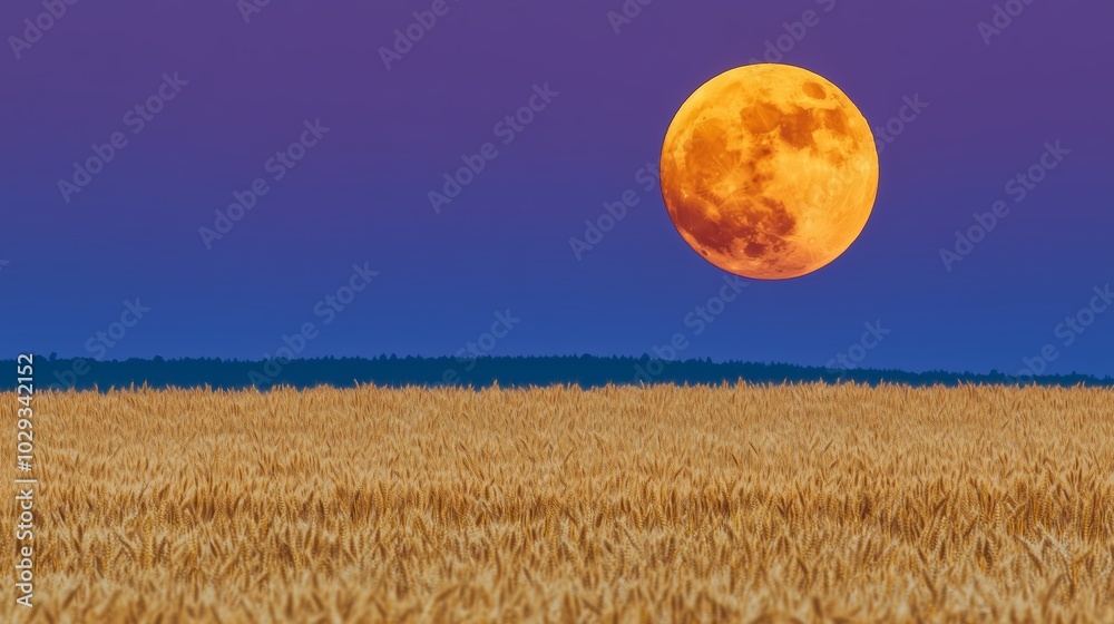 Wall mural Golden wheat field illuminated by a vibrant full moon during twilight in a serene rural landscape