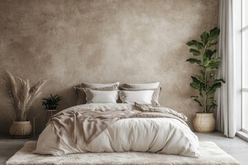 Minimalist Scandinavian Bedroom Design with Beige Stucco Wall and Greenery Accents