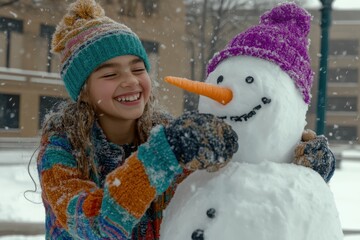 A girl is holding a snowman with a carrot nose and a purple hat. She is smiling and she is happy