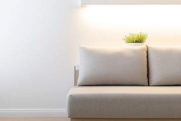 Minimalist grey couch with green plant on white background