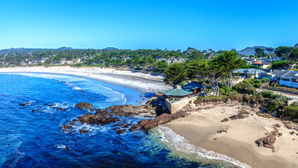 panoramic drone view of Carmel by the sea, California with city and beach