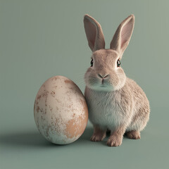 Obraz premium Cute grey rabbit beside a large speckled egg on a light green background