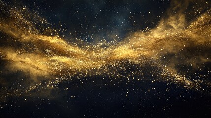 Fototapeta premium Flow of golden glitter particles drifting in the dark cosmic expanse, evoking a sense of infinite wonder