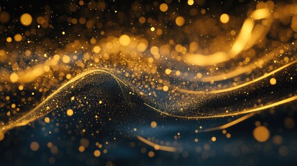 Flow of golden glittering particles against a black backdrop, resembling a cosmic dance of light