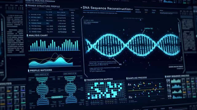 DNA Helix analysis visualization data, genome sequence ui screen, futuristic genetic engineering lab infographic interface, 3D biotechnology scan report dashboard, medical science technology backgound