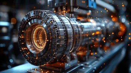 Fototapeta premium A close-up of a complex mechanical component with glowing elements and sparks.
