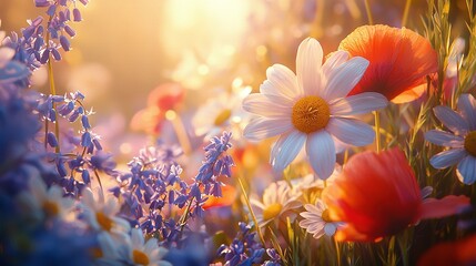   A close-up of a field of flowers under the bright sun, with lush grass in the foreground
