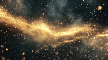 Flow of golden stardust drifting through a dark cosmic backdrop, enhancing the celestial allure