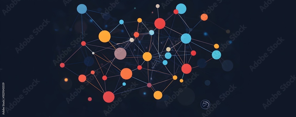 Poster abstract network design featuring colorful dots and lines on a dark background, symbolizing connecti