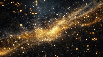 Flow of radiant golden particles in a deep black space, capturing the essence of cosmic beauty