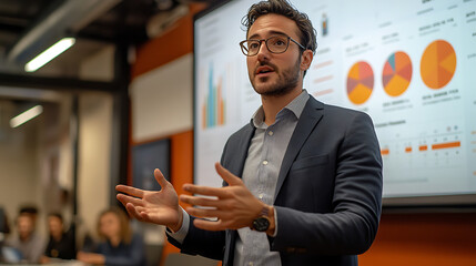 Professional man presenting data insights in a modern conference room.