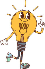 Groovy light bulb character. Isolated cartoon vector playful yellow lamp retro personage with sneakers and pointing finger, embodying a bright idea, creativity and cheerful energy with a vintage vibe