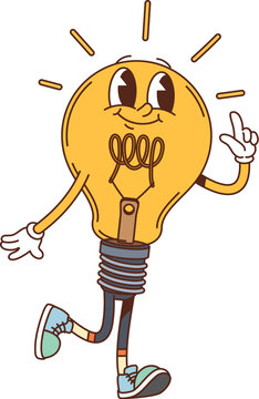 Groovy light bulb character. Isolated cartoon vector playful yellow lamp retro personage with sneakers and pointing finger, embodying a bright idea, creativity and cheerful energy with a vintage vibe