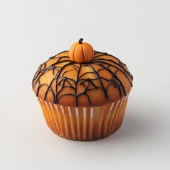 Halloween cupcake with pumpkin and spider web icing