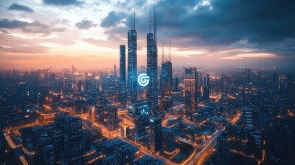 Futuristic cityscape with 6G emblem as a prominent feature