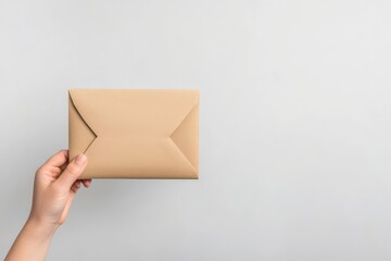 Hand holding a brown envelope against a white background.
