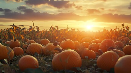 Golden sunset over a field of pumpkins ready for harvest, with soft clouds in the sky.