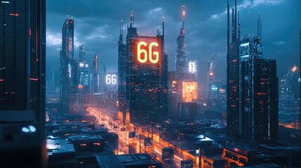 Futuristic cityscape with 6G emblem as a prominent feature