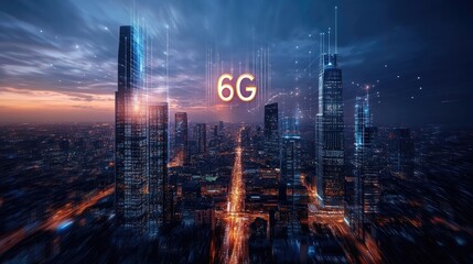 Futuristic cityscape with 6G emblem as a prominent feature