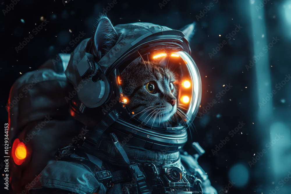 Wall mural curious cat astronaut exploring an unknown galaxy in a futuristic space suit