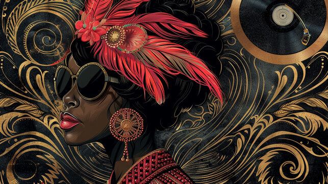 A richly designed flyer featuring metallic beaded dress details and vibrant feathered headbands. Jazz-inspired elements like vinyl records and saxophones 