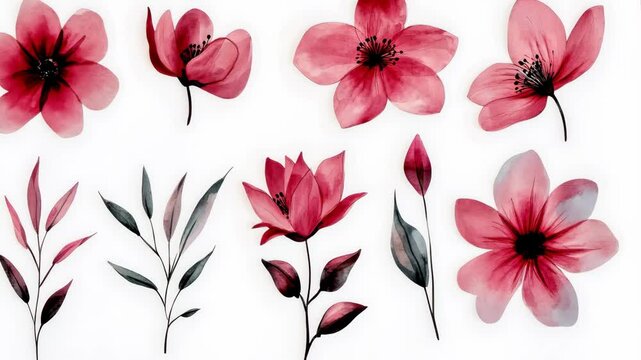 A watercolor illustration of pink flowers and leaves, perfect for a floral design