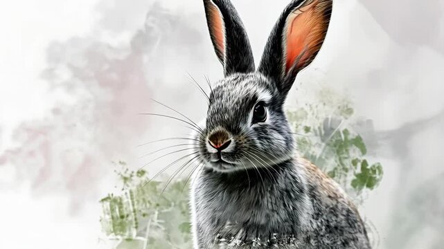 A gray rabbit with large, pink-tipped ears sits in a field of flowers, looking directly at the camera