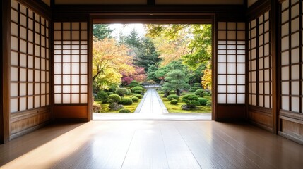 Obraz premium Tranquil Japanese Garden View from Traditional Room