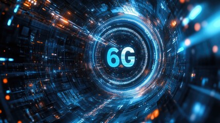 Futuristic design with holographic 6G symbol in a virtual environment