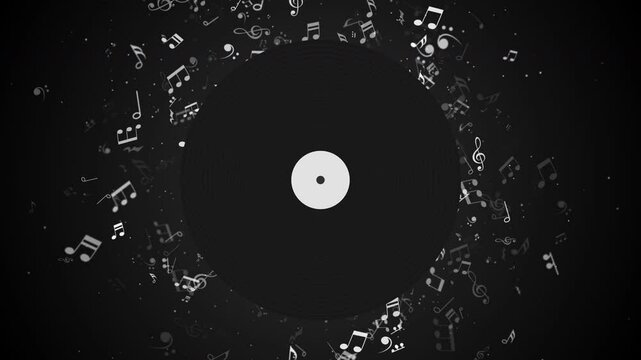 Abstract music black background with notes and vinyl. Musical backdrop. Looped animation. Copy space.