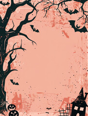 Obraz premium Pink Halloween background with bats and tree. Abstract grunge wallpaper for design holiday party