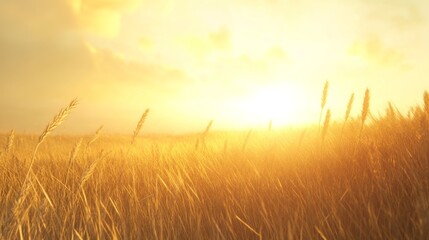 Fototapeta premium Golden wheat fields under the setting sun, with a soft autumn breeze.