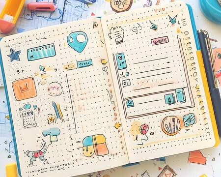 Creative bullet journal layout with colorful drawings and organized sections for planning and note-taking.