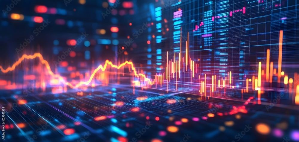Poster dynamic financial graph analysis with glowing lines and colorful data visualization for stock market