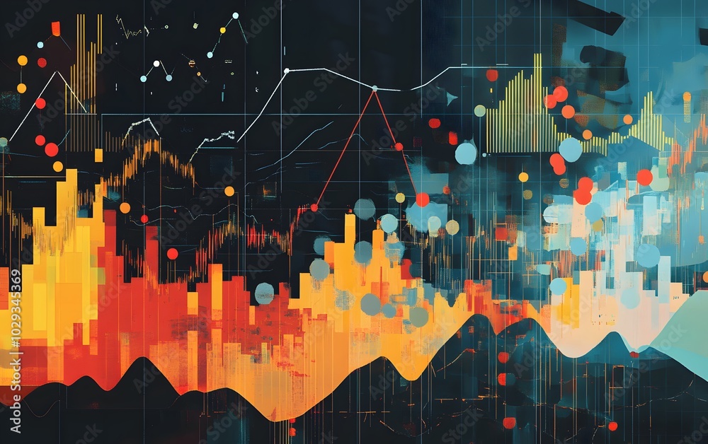Poster dynamic visualization of financial data with vibrant graphs and abstract elements representing marke