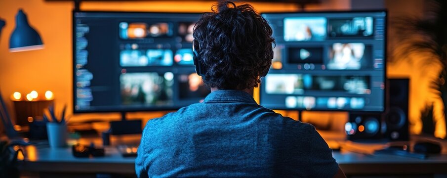 A person working on dual monitors in a modern workspace, immersed in video editing or digital content creation.
