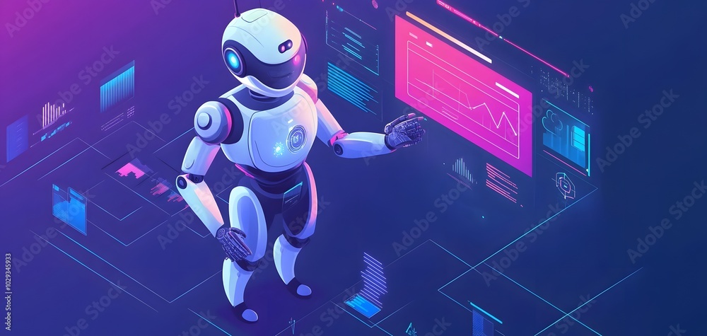 Poster futuristic robot interacting with digital interface, showcasing ai technology and data visualization