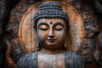 Antique Wooden Buddha Statue in Vintage Temple Background