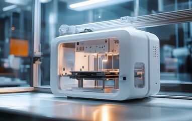 Obraz premium Modern 3D printer in a tech workspace, showcasing advanced design and technology for rapid prototyping and manufacturing.